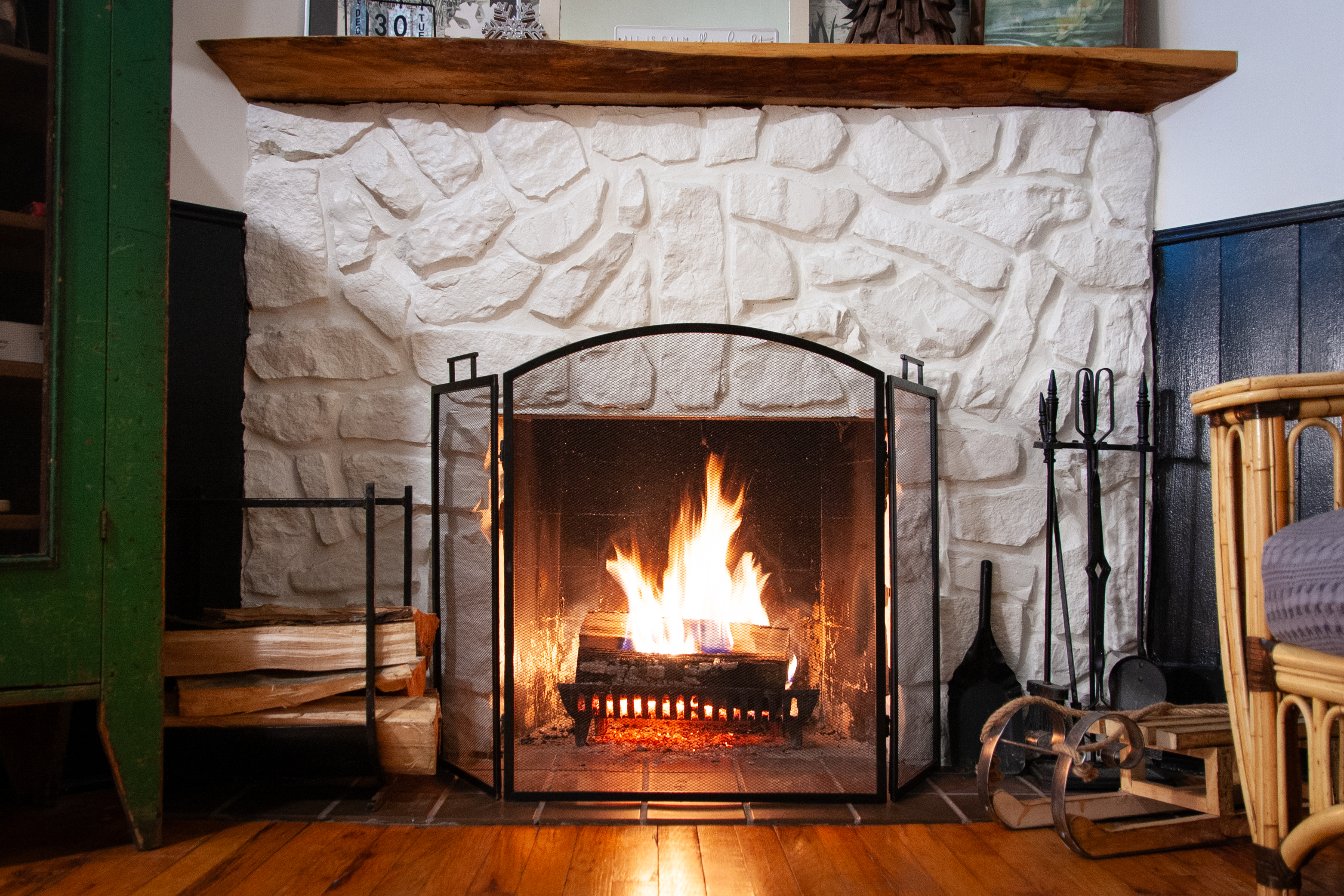 Lit fireplace close-up