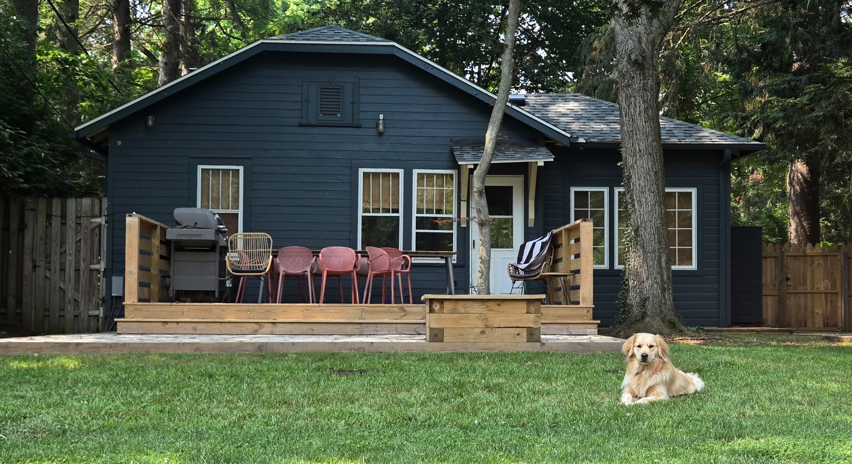 Cottage exterior at dusk with dog in the yard